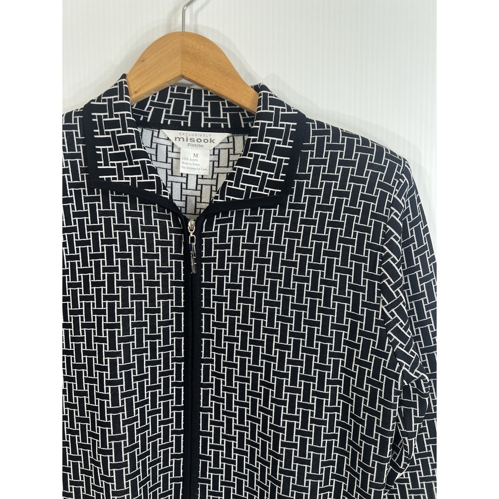 Misook Cardigan Jacket Petite‎ Size Medium Full-Zip Black White Geometric Print